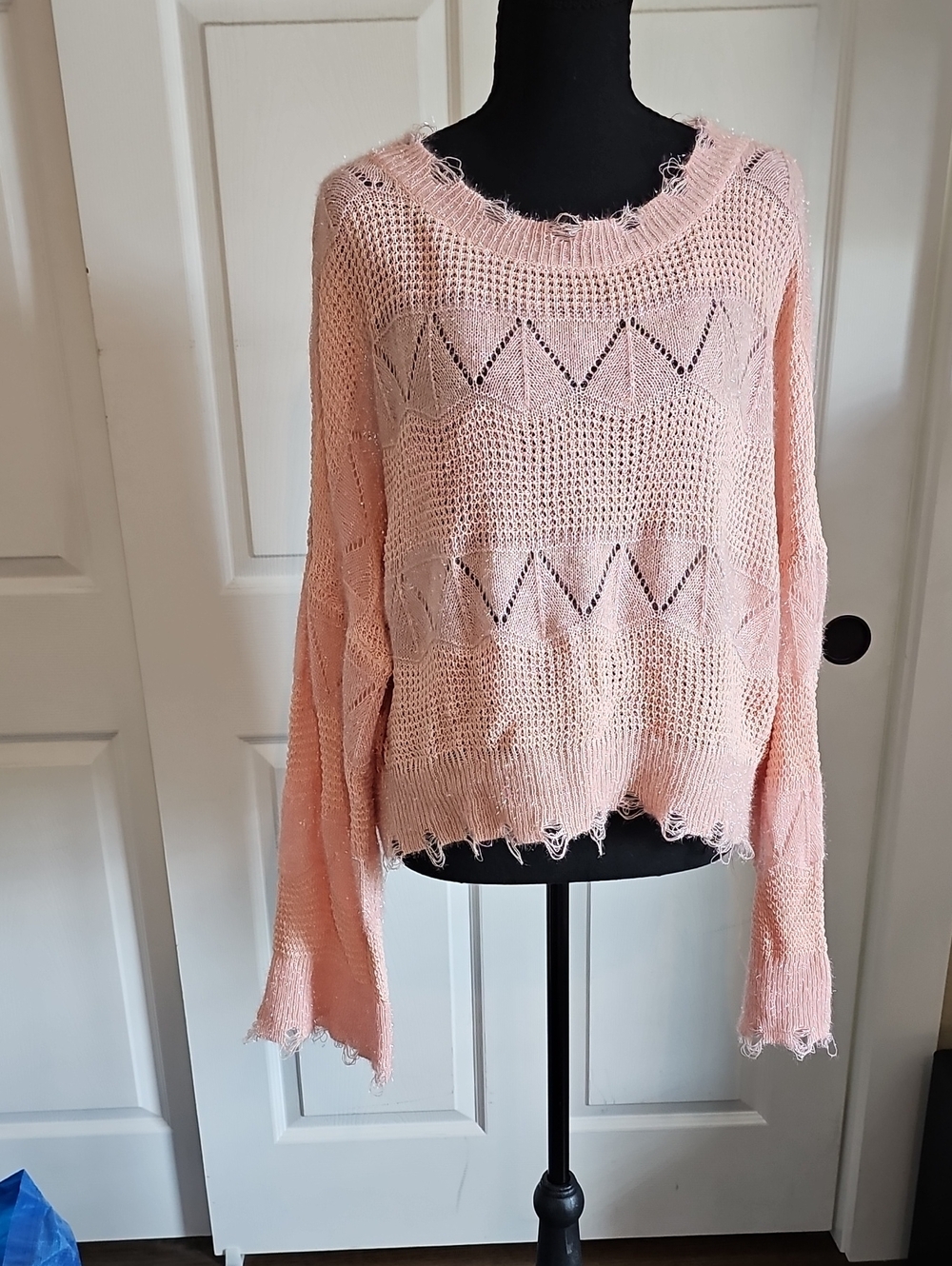 POL Distressed Light Pink Open-Knit Crew Sweater